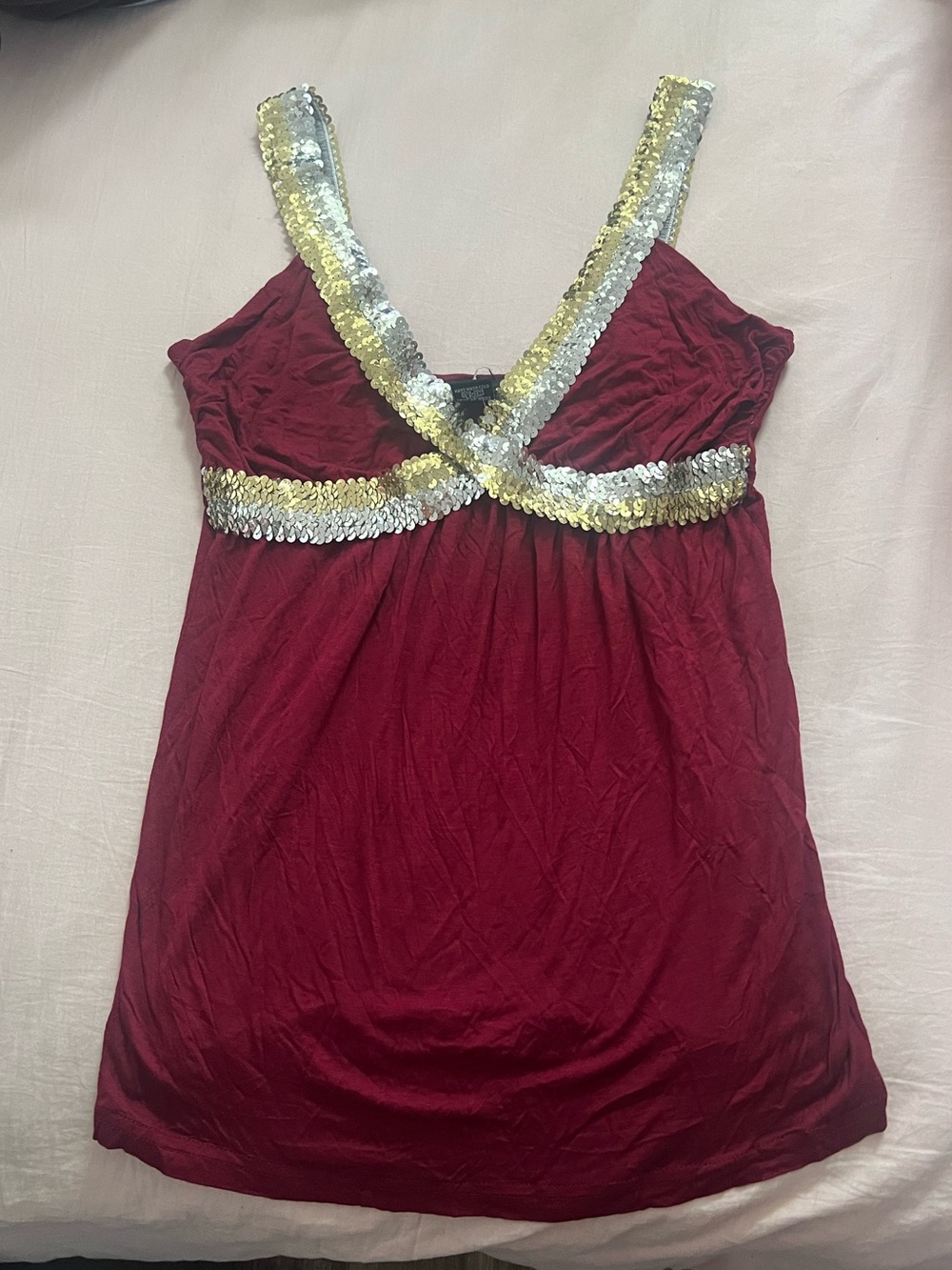 Vintage Rue21 Burgundy Tank with Gold & Silver Sequin Trim